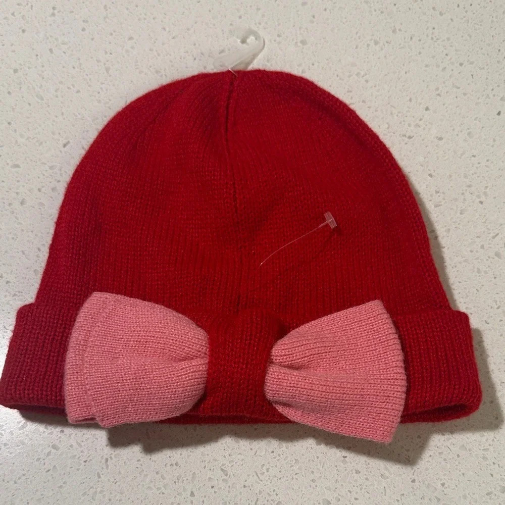 Kate Spade Red Knit Beanie Pink‎ Bow Winter Hat Cuffed Acrylic One Size